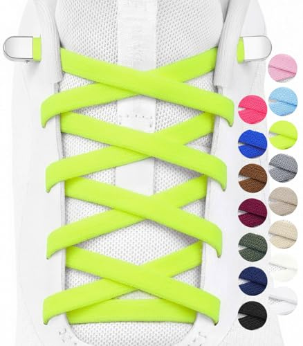 Stepace 2 Pares Cordones Elásticos sin Atar Planos de 6mm, Cordones de Zapatos Ajustables con Cierre de Metal para Niños, Adultos, Sneakers, Running y Triatlón Amarillo Neón 120