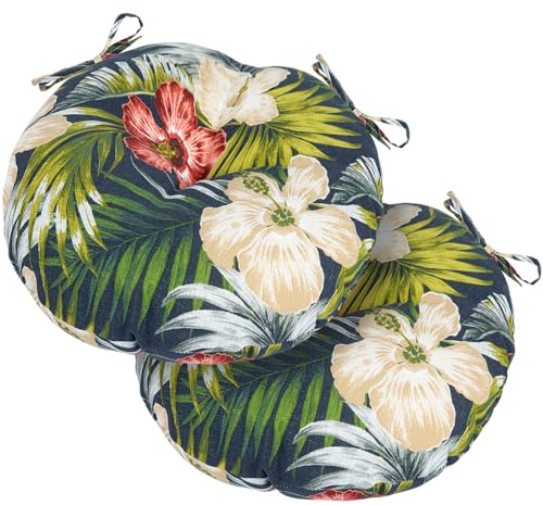 Magpie Fabrics Outdoor Round Bistro Seat Cushions with Ties Set of 2, Tufted Waterproof Barstool Chair Pads for Patio Home Garden Office (15x15x4, Midnight Floral)