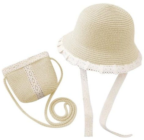 FakeFace Chapeau de Paille Fille Ensemble Soleil Chapeau et Petit Sac Enfant avec Bordure en Dentelle Bonnet de Paille Respirant à Large Bord Casquette du Soleil extérieur Plage Voyage