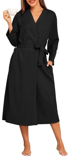 Lovasy Waffle Dressing Gowns for Women UK Cotton Lightweight Spa & Bath Robes for Women Ladies Kimono Dressing Gowns Women's Full-Length Robes with Pockets for Hotel Nursing Pregnancy,Black,XL