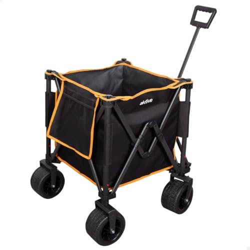 AKTIVE Carro Transporte Plegable, Playa, Jardín, Camping, hasta 80 kg, Ruedas robustas y giratorias 360° con Frenos, Mango multiángulo, con Bolsillo, Negro y Naranja, con Funda, Portasillas (62374)