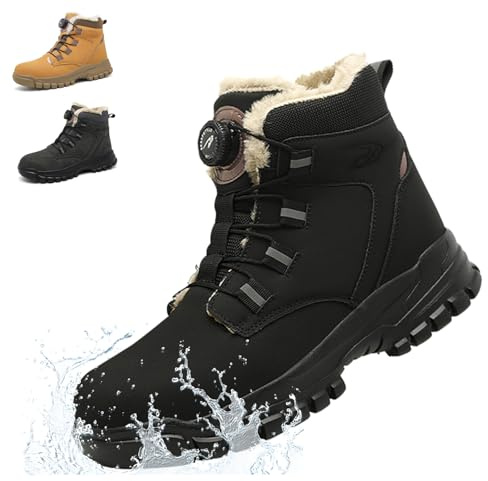 Winter Safety Boots Men Waterproof Safety Shoes Warm Lining Womens Non Slip Steel Toe Cap Work Trainers with Swivel Buckle Shoelaces, Black, UK 7