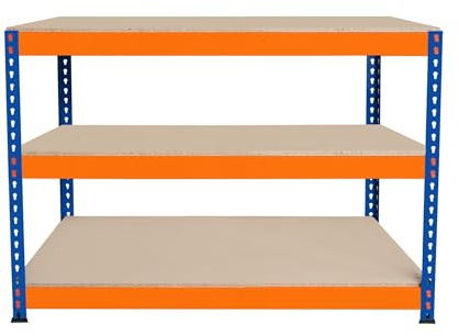 Arbetsbänk för Garage S-Rax 3 Nivåer | 120cm x 60cm x 90cm | Kapacitet per Nivå 300kg | Skruvfri Montering | 1 Förstärkt Stödbom | Gummifötter | Arbetsbord för Verkstad, Lager, Depå