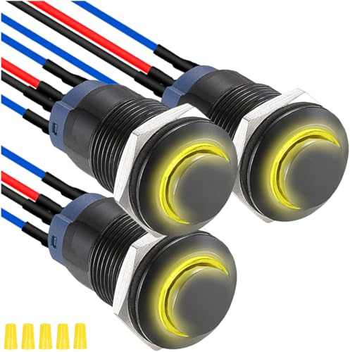 MKBKLLJY 3 delar. 12 mm tryckknappsbrytare med gul LED, svart metallhölje, IP65, vattentät, 12 V, 24 V, 3 A, DC SPST 2 positioner, självlåsning med förkopplade kablar och kabelhätta för bil