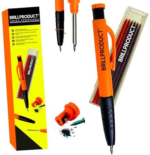 BRILLPRODUCT Lápiz Carpintero Profesional 3 en 1 de Alta Visibilidad + 7 Minas de Repuesto (set de Sacapuntas + Punta ergonómica + 7 Mininas) lápices de Obra.