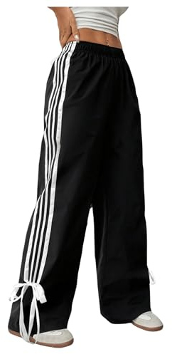 BEAUDRM Girl's Bow Track Pants Striped Sweatpants Baggy Wide Leg Parachute Pants for Joggers Hip Hop Dance Black 12 Years