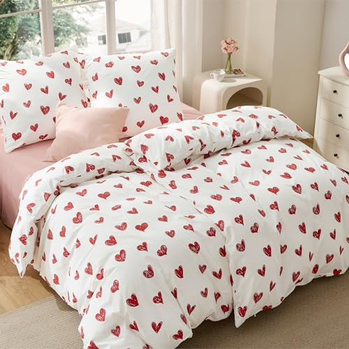 BEDSURE Bettwäsche 135x200 4teilig Herzen - Bettwäsche-Sets Weiß Bettbezug 135 x 200 2er Set mit 2 Kissenbezüge 80x80 cm, Oeko-TEX Bedding Muster Rot Herz mit Reißverschluss
