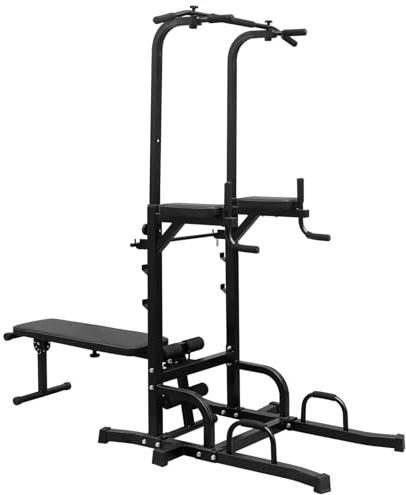 GYMFLEX Power Tower mit Klimmzugstange, Hantelbank & Dip-Station, Fitnessgerät Freistehend für Krafttraining, geeignet für Home Gym