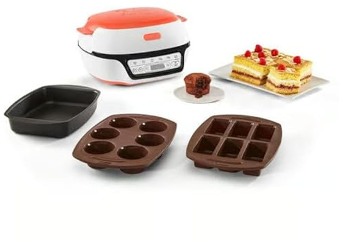 Tefal Cake Factory Tutti Frutti KD801510 - Robot de cocina para tartas 1100 W, 5 programas automáticos + modo manual, incluido estuche 3 moldes blancos/coral, cocción sin precalentamiento