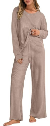 Joligiao Tuta da Donna in Maglia Autunnale Invernale Set da Salotto in 2 Pezzi Completo Elegante Set di Pantaloni a Gamba Larga e Maglione Manica Corta Girocollo Ginnastica Sportivo(Kaki,XL)