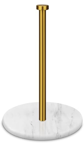 Portarrollos Papel Cocina Soporte de Pie para Rollos de Papel con Base de Mármol de 18 cm, Moderno Soporte de Acero Inoxidable para Cocina y Baño (Blanco y Dorado)