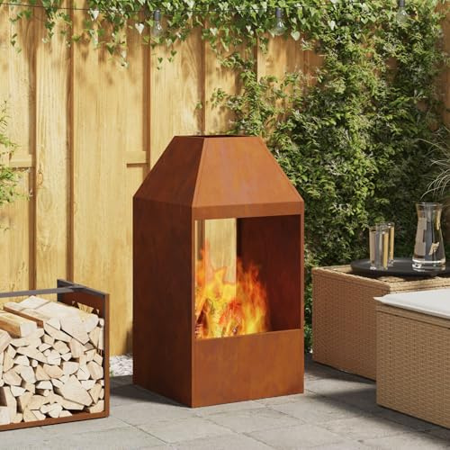 BARULUOAKLIFE Caminetto da Esterno in Acciaio Rustico Marrone 50x50x100 cm con Finitura Antiruggine per Giardino e Patio - Design Rettangolare Spazioso per Tronchi Lunghi e Facile