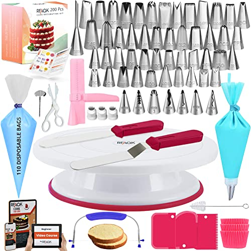 RFAQK kit pasticceria accessori | 200 PC piatto girevole per torte-48 beccucci sac a poche-7 consigli coreani con tabella dei modelli E.Book-altre decorazioni per torte accessori pasticceria