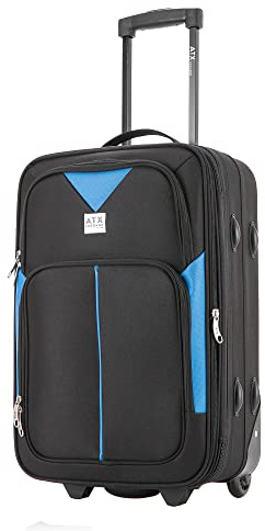 ATX Luggage 55x35x20cm Cabin Suitcase Super Lightweight Small Suitcase Approved for 100+ Airlines Including EasyJet, Ryanair, British Airways & Virgin Atlantic (Black/Blue, 21 Inches, 48 Liter)