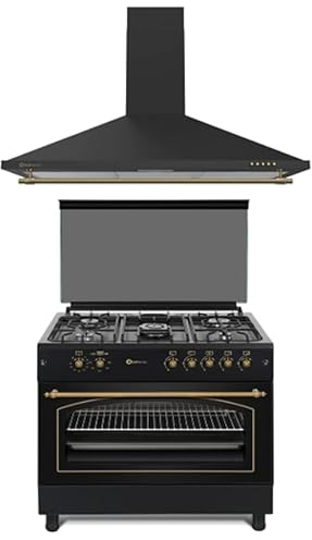 PACK 9 COCINA A GAS F9L50G2B CM HORNO PANORAMICO NEGRA RÚSTICO + CAMPANA A JUEGO DECORATIVA (negro rústico ribetes dorados)