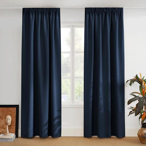 PONY DANCE Blackout Pencil Pleat Curtains, Navy Blue, W55 x L102, 2 Panels