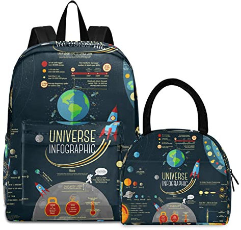 Universe Infographics Sonnensystem Planeten Schultaschen-Set für Jungen Mädchen, Kinderrucksack mit Lunchbox-Tasche, Schulrucksack-Set für Studenten, Mehrfarbig 1, Einheitsgröße