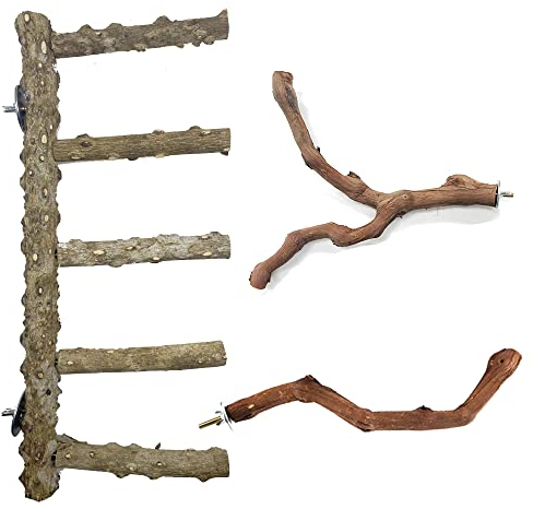 Allazone Perchoir Perroquet, 3 PCS Perchoirs en Bois Naturel pour Oiseaux, Jouet D'oiseau en Bois Naturel Échelles pour Perruches, Griffes, Grimper Debout, Cage à Oiseaux