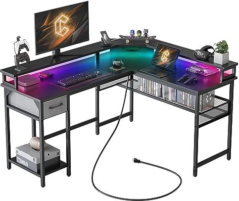 CubiCubi Moderner L-förmiger Computertisch, Mit LED-Licht und Steckdose, 148 x 120 cm PC-Tisch, Stabiler Schreibtisch, Eckschreibtisch, Schwarz