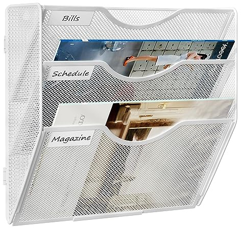 TQVAI 3-nivås väggfilorganisatör, väggbrevhållare, väggmonterad tidningsställ, nät A4 pappersförvaring, kontor dokumentorganisatör, vit