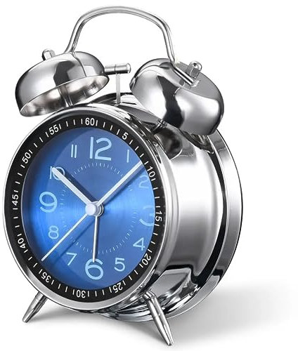 Silent Non-Ticking Bedside Alarm Clock, 4 Metal Structure, Retro Vintage Design with Twin Bell, Perfect for Heavy Sleepers, Kids and Bedrooms. Analogue Quartz and Battery Operated. (BLUE DIAL)