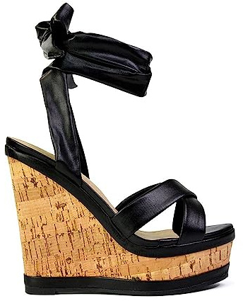 ESSEX GLAM Womens Wedge Heel Sandals Ladies Ankle Strap Lace Up Platform Open Toe Black High Heel Shoes Size 3