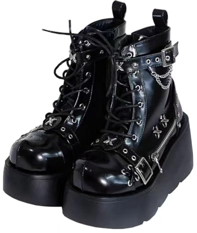 Ulalaza Bottines gothiques pour femmes avec plateforme et boucles chauve-souris, talons épais, bout rond, fermeture éclair, bottes de combat de moto punk, bottines gothiques courtes et confortables