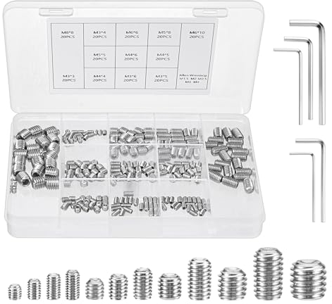 MumdoYAL 240 pièces vis sans tête M3/M4/M5/M6/M8, vis poignée de porte, matériau en acier inoxydable, utilisé pour fixer des pièces mécaniques,avec 5 clés hexagonales