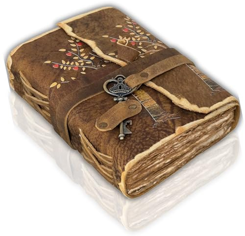 Urban Leather Lebensbaum Herz Print Vintage Leder Tagebuch mit Schlüssel Notizbuch mit Altem, Unliniertem Büttenrand und Handgefertigten Seiten, Geschenk für Männer und Frauen