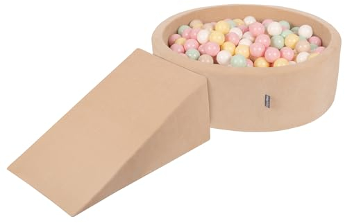 KiddyMoon Spielplatz Velvet Aus Schaumstoff Rund Bällebad Bällebad (200 Bälle) + Zwickel Ballgruben Babys Spielbad, Sandbeige:Pastellbeige/Pastellgelb/Weiß/Minze/Puderrosa
