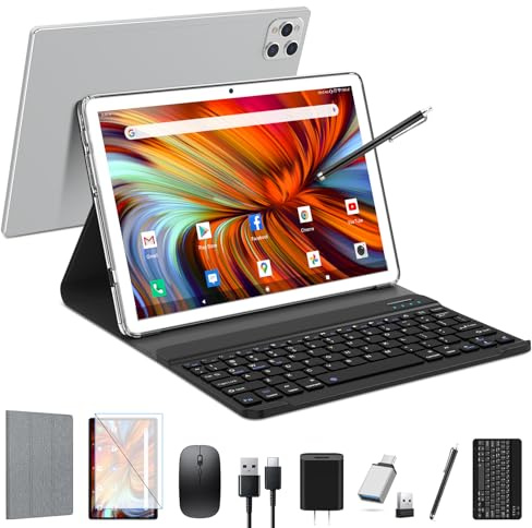 EITOMIN Tablet 10 inch 2026 Latest Android Tablet 128GB ROM+16GB RAM+1TB Expandable Octa-Core 5G WiFi 1080FHD/13MPCamera/7000mAh/Bluetooth 5.0/GPS/Tab with Keyboard/OTG/Mouse/Pen Silver