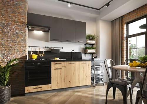 Muebles de Cocina Completa 180 cms Color Gris Grafito y Roble ref-57A