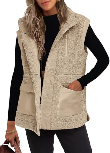 ANRABESS Womens Fleece Vest Loose Warm Button Down Fall Fuzzy Sherpa Jackets Fuzzy Vest With Pockets Winter Outerwear Beige Medium