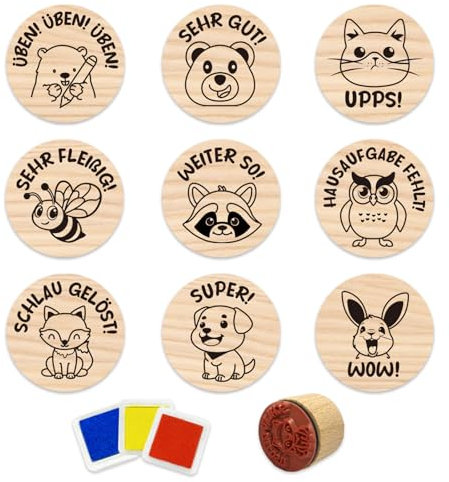 9 Stück Holz Stempel Lehrer, Motivstempel Stempel Set Tiere, Belohnung Lob Schüler Lehrerstempel Grundschule