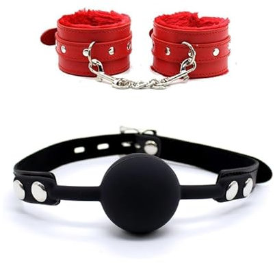 HQUIREN Manette in peluche per bocche in silicone bavaglio in peluche per palline in silicone cinturino di bloccaggio regolabile manette in peluche in finta pelle rossa, Rosa, One Size