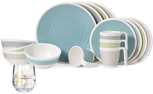 Melamin campingservis set 4 personer harmoni 16 delar + 4 Milano-glas vattenglas porslin picknick BBQ köksredskap