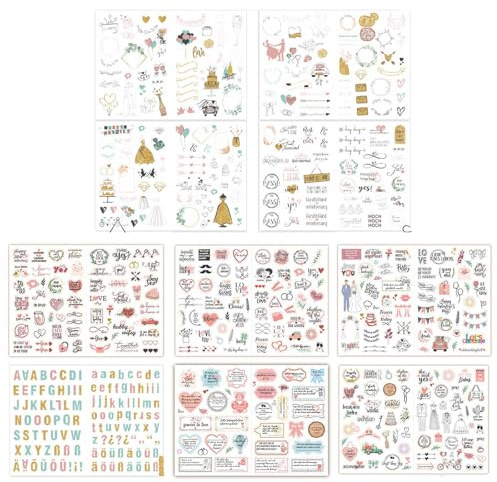 ZIJANG Pegatinas Boda, Paquete 10 Hojas Pegatinas Personalizadas Boda, Patrones Pegatinas Album Fotos 587 para Libro Visitas, Álbum Fotos, Recuerdos Fiestas y Tarjetas Invitación