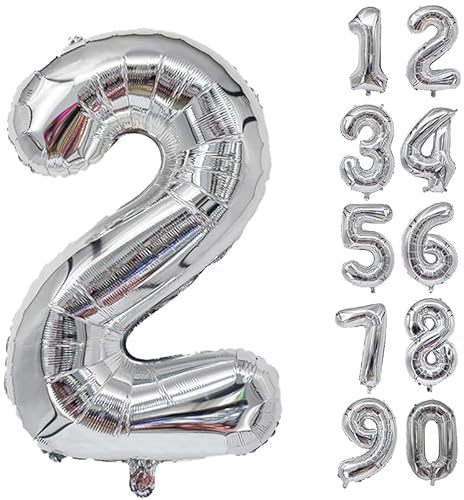32 Inch Number Balloons Giant Number Aluminium Foil Helium Balloons for Birthday Party Celebration Decoration New Year Baby Shower Anniversary (Silver, 2)