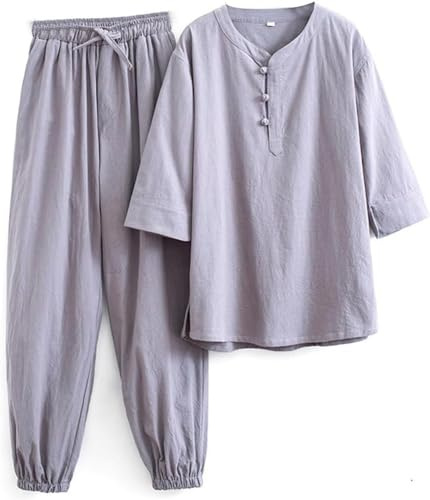 Tai Chi Kostymer Tai Chi Kläder Dam Kung Fu Uniform Bomull Linne Kampsport Set Kortärmade Byxor Zen Meditations Uniform,Tang Suit Traditionella kinesiska kläder (Grå M)