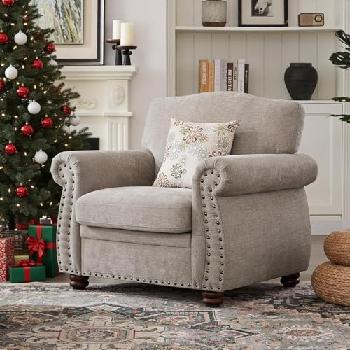 ONBRILL Nailhead Trim Armchair, Rolled Arm Accent Chair for Living Room, Comfy Chenille Club Sofa Chair w/Springs Cushions & Wood Legs, Traditional Single Couch Chair for Apartment, Farmhouse, Beige