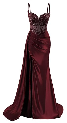HPPEE Abiti da ballo da donna con spalline sottili in raso con spacco e applique in pizzo sirena vestito da festa formale, Borgogna, 40