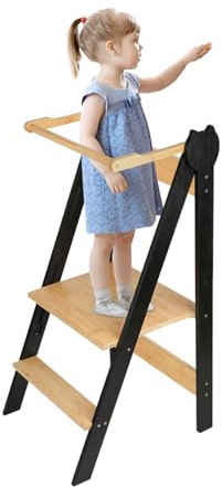 Hochstuhl Baby ab 1 Jahr - Lernstuhl - Faltbare Kindertreppe Lernturm - Lernturm Klappbar -Stylisch Kippschutz Lernturm - Montessori Lernturm ab 1 Jahr-88 * 45 * 45 cm – schwarzer Kaffee