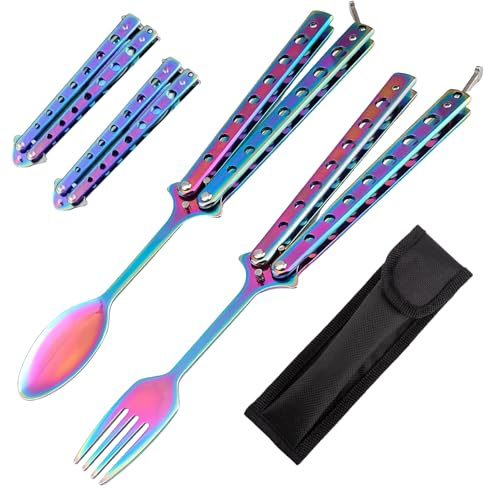 Lot de 2 cuillères papillon de camping : lot de 2 fourchettes et cuillères, multifonctions, pliables, avec sac de rangement, pour cuisine, barbecue, camping, voyage, extérieur