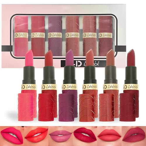 Matte Lippenstift Set, 6PCS Lipstick Hochpigmentierter, Lippenstifte Neon Rosa/Braun/Rot Wasserdicht & Langanhaltend, Farbenfroh Lippenstifte Samtige Textur & Kein Körniges Gefühl, Lippen Makeup Set