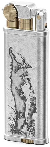 Vintage Petrol Lighters,Sliver Brass Lighter with Wolf Design, Refillable Fuel (Sold without Fluid)