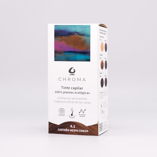 Tinte Vegetal Ecológico | Coloración Permanente para el pelo | 4.1 - Castaño Medio Ceniza | Sin Amoníaco, sólo plantas naturales. Tintes Chroma