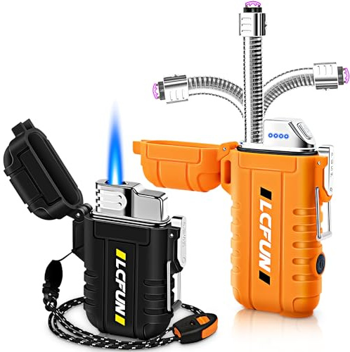 2 Pack Waterproof Lighters, Windproof Torch Lighter Butane Refillable, Electric Dual Arc Plasma Lighter with Flashlight and Whistle, Tactical Survival Gear Gadgets for Men