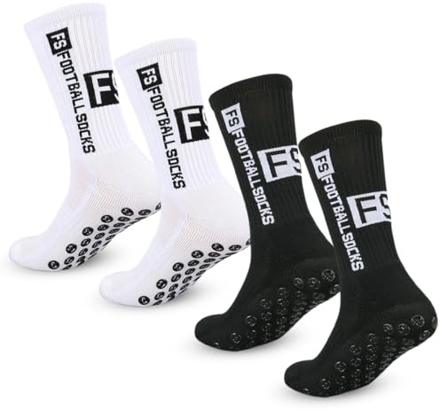 2 Paia Calzini grip calcio Calze Antiscivolo Calcio Football Socks Uomo Calzini Sportivi Uomo Donna Traspirante Calzini Grip Calcio per Ciclismo Trekking (Nero+Bianco, 37-45)