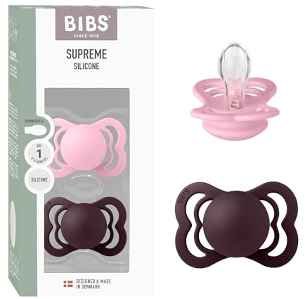 BIBS Supreme Dummy, 0-6 Months, 2-Pack, Symmetrical Teat, Baby Pink/Plum | Silicone | Size 1 | BPA-Free | Made in Denmark | High Teat Acceptance | Airflow Holes | Comfort Shield