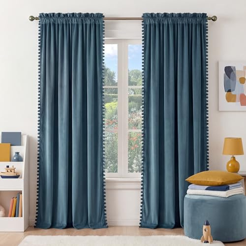 NICETOWN Pom Pom Slate Blue Velvet Curtains 96 Inch Long for Living Room and Bedroom – Room Darkening Drapes Sophisticated Soft Window Treatments, 52 W x 96 L, 2 Panels